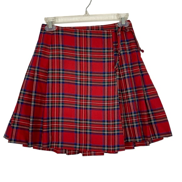 Vintage 90s Plaid Pleated Skirt Womens Size Small Express Red Wrap Tie Waist - Picture 1 of 7